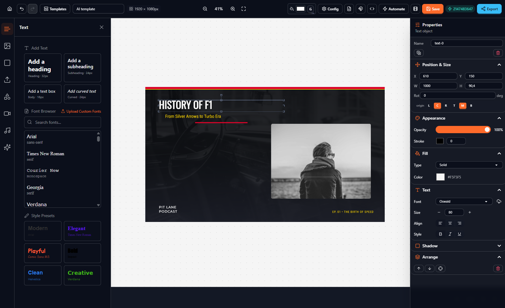 Editor real de Pikstrapi con un diseño abierto, herramientas de texto y propiedades de capas